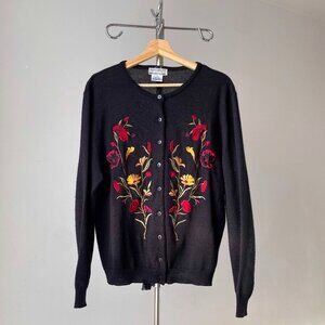 ❄️ Y2K Vintage Black Cardigan with Embroidered  Red & Yellow Floral Pattern